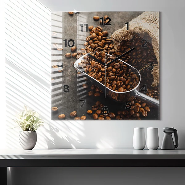 Wanduhr quadratisch mit motiv Sack mit Kaffeebohnen