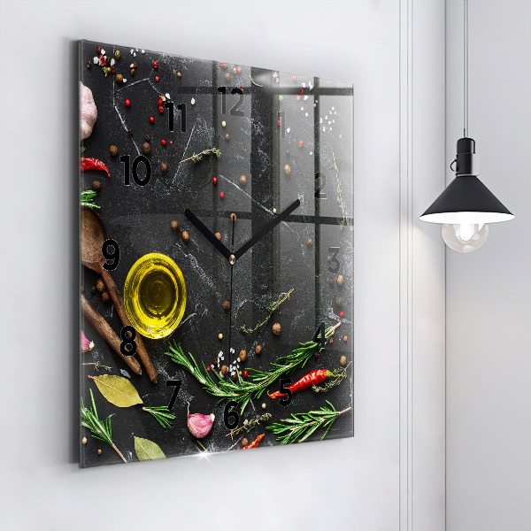 Wanduhr modern quadratisch Gewürze auf der Tischplatte
