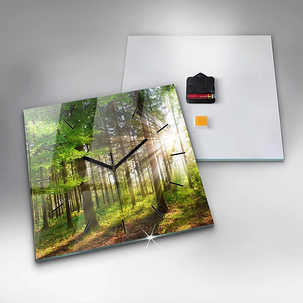 Wanduhr quadratisch mit motiv Sonnenaufgang im Wald