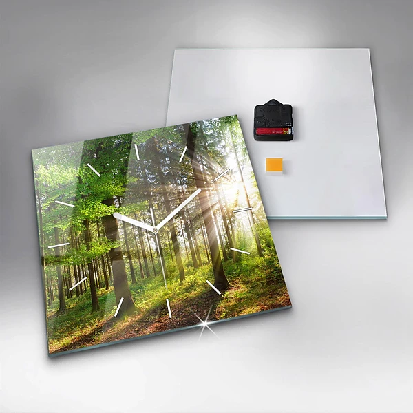 Wanduhr quadratisch mit motiv Sonnenaufgang im Wald