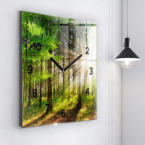 Wanduhr quadratisch mit motiv Sonnenaufgang im Wald