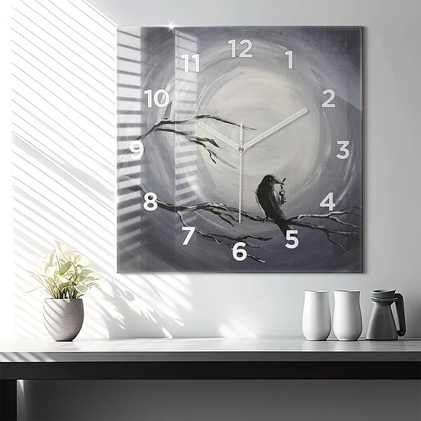 Wanduhr quadratisch mit motiv Rabe im Mondlicht