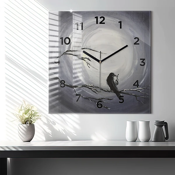 Wanduhr quadratisch mit motiv Rabe im Mondlicht