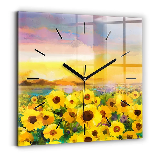 Wanduhr quadratisch mit motiv Feld mit Sonnenblumen
