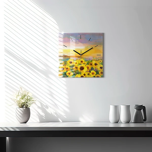 Wanduhr quadratisch mit motiv Feld mit Sonnenblumen