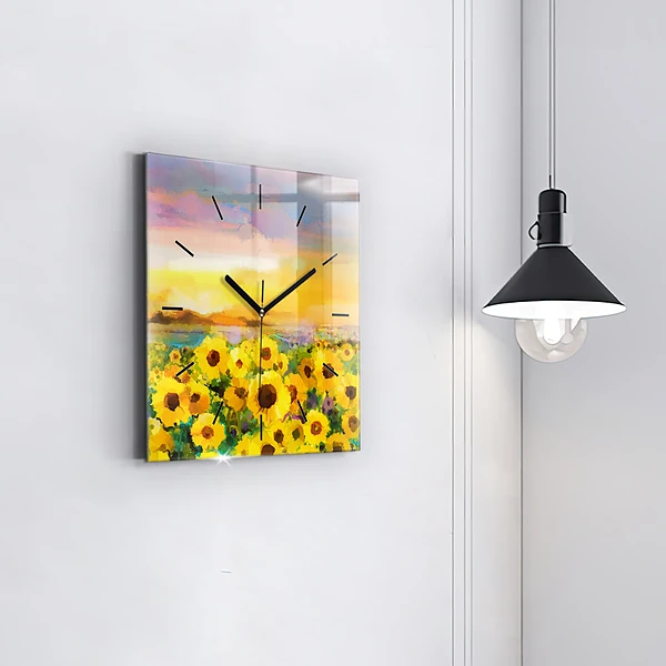 Wanduhr quadratisch mit motiv Feld mit Sonnenblumen