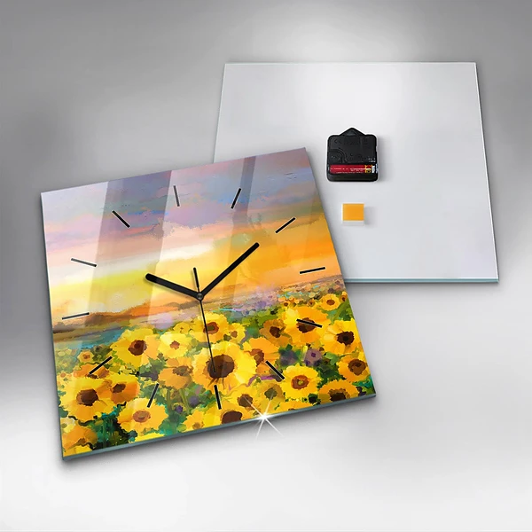 Wanduhr quadratisch mit motiv Feld mit Sonnenblumen