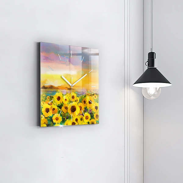 Wanduhr quadratisch mit motiv Feld mit Sonnenblumen