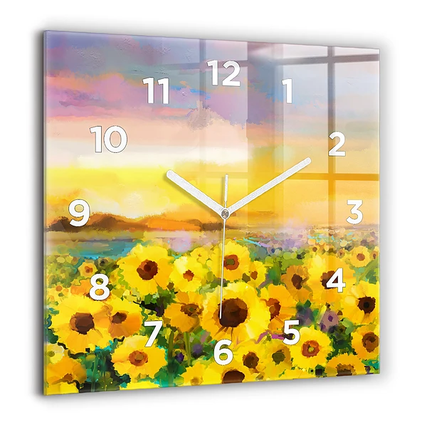 Wanduhr quadratisch mit motiv Feld mit Sonnenblumen