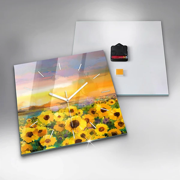 Wanduhr quadratisch mit motiv Feld mit Sonnenblumen
