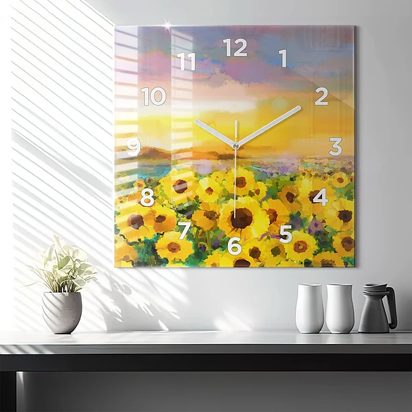 Wanduhr quadratisch mit motiv Feld mit Sonnenblumen