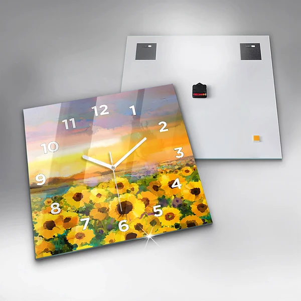 Wanduhr quadratisch mit motiv Feld mit Sonnenblumen
