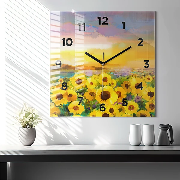 Wanduhr quadratisch mit motiv Feld mit Sonnenblumen