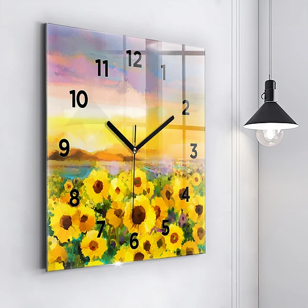 Wanduhr quadratisch mit motiv Feld mit Sonnenblumen