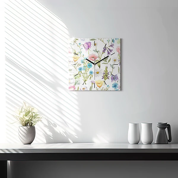 Wanduhr quadratisch mit motiv Komposition von Blumen