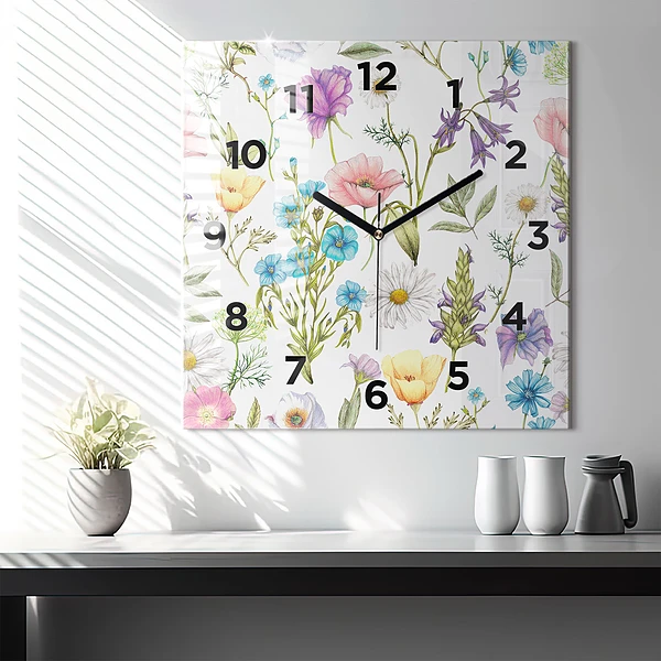 Wanduhr quadratisch mit motiv Komposition von Blumen