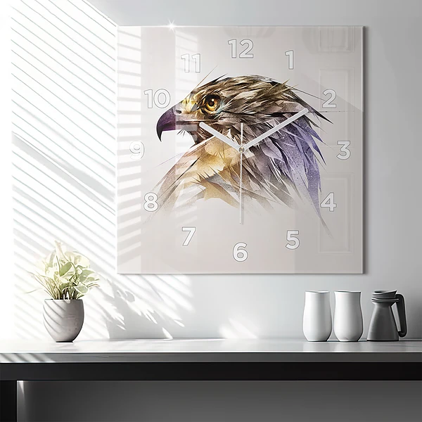 Wanduhr modern quadratisch Raubvogel