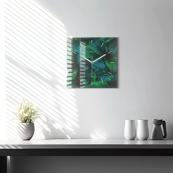 Wanduhr modern quadratisch Blätter der Natur