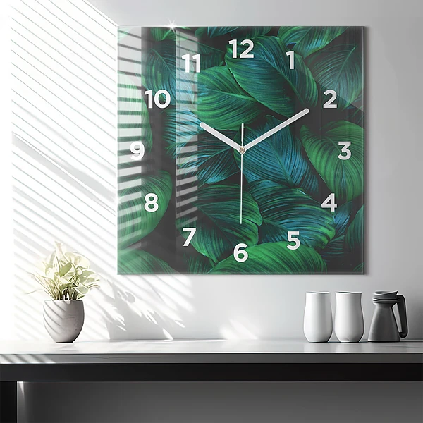 Wanduhr modern quadratisch Blätter der Natur