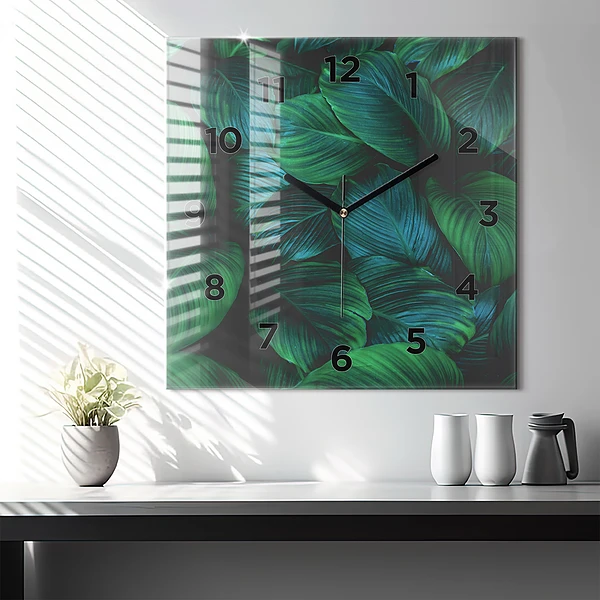 Wanduhr modern quadratisch Blätter der Natur