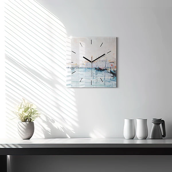 Wanduhr modern quadratisch Ölgemälde Jacht Meer