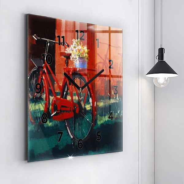 Wanduhr quadratisch Gemaltes Fahrrad