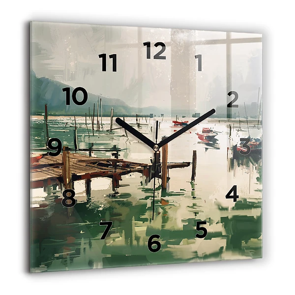 Wanduhr quadratisch mit motiv Fischerboote im Hafen