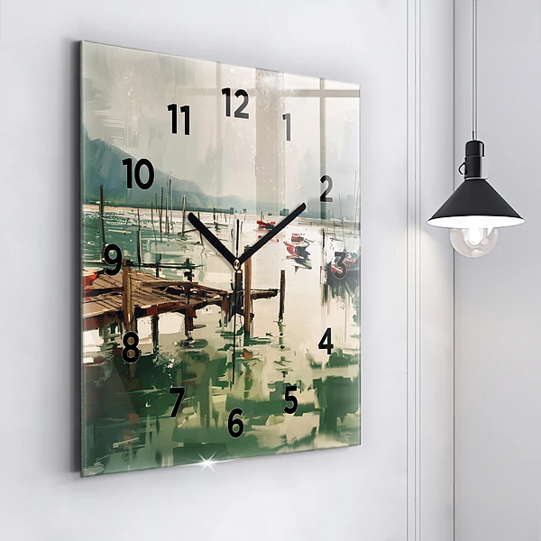 Wanduhr quadratisch mit motiv Fischerboote im Hafen