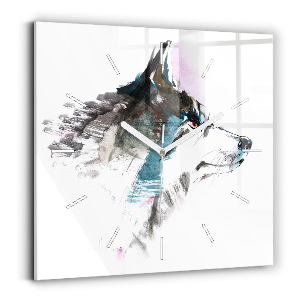 Wanduhr quadratisch mit motiv Profil eines gemalten Wolfes