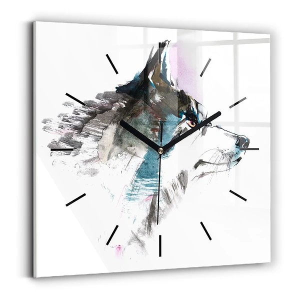 Wanduhr quadratisch mit motiv Profil eines gemalten Wolfes