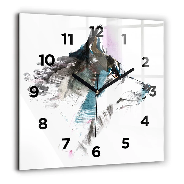 Wanduhr quadratisch mit motiv Profil eines gemalten Wolfes