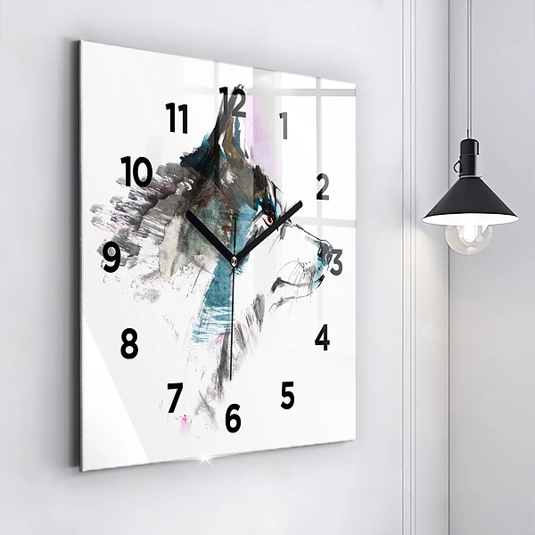Wanduhr quadratisch mit motiv Profil eines gemalten Wolfes