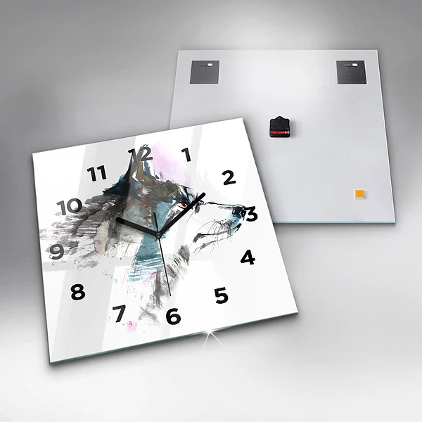 Wanduhr quadratisch mit motiv Profil eines gemalten Wolfes