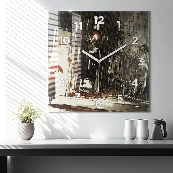 Wanduhr quadratisch mit motiv Frau in einer regnerischen Nacht