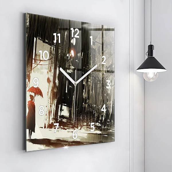 Wanduhr quadratisch mit motiv Frau in einer regnerischen Nacht