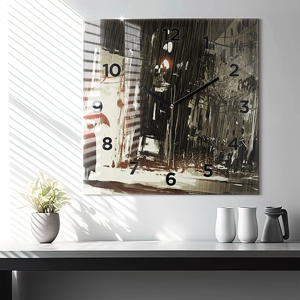 Wanduhr quadratisch mit motiv Frau in einer regnerischen Nacht