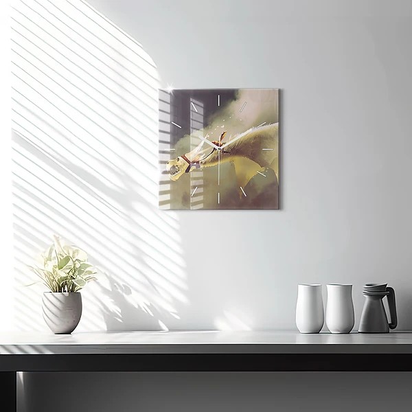 Wanduhr quadratisch Illustration eines Drachenreiters