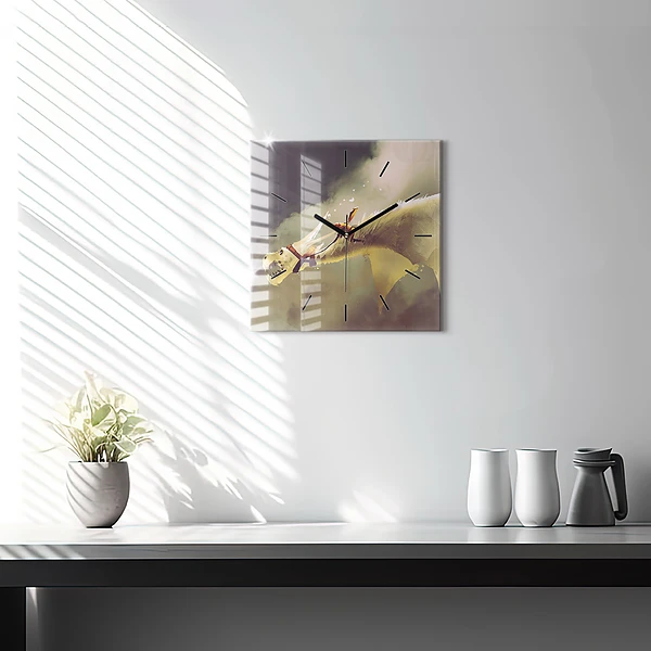 Wanduhr quadratisch Illustration eines Drachenreiters