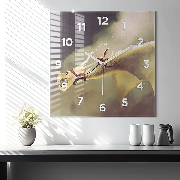 Wanduhr quadratisch Illustration eines Drachenreiters