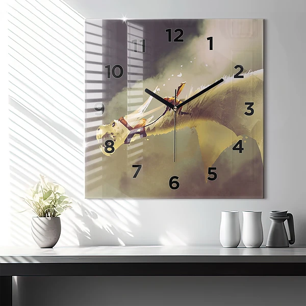 Wanduhr quadratisch Illustration eines Drachenreiters