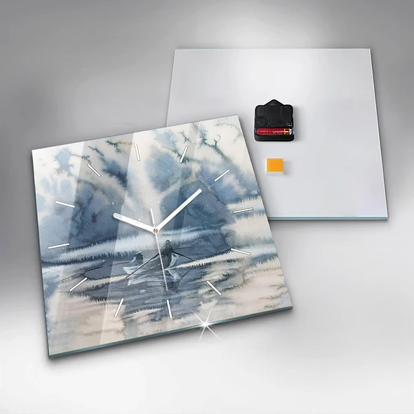 Wanduhr modern quadratisch Winter See Boot