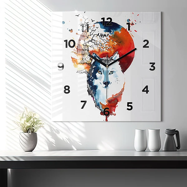 Wanduhr modern quadratisch Werwolf Vollmond und Luna