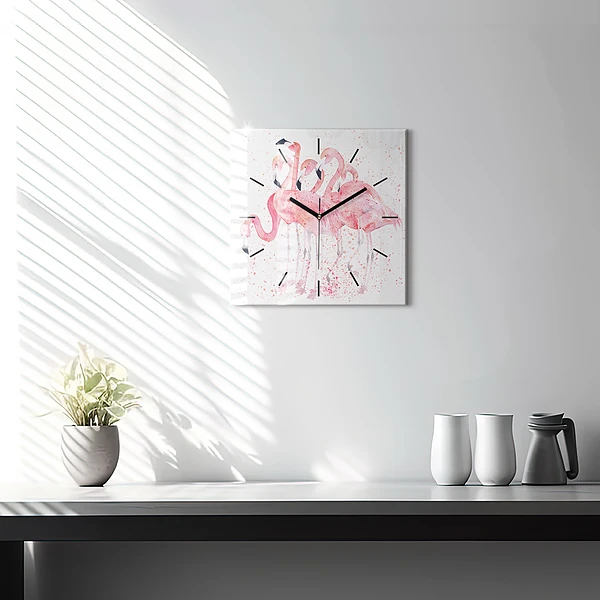 Wanduhr modern quadratisch Flamingo-Cluster