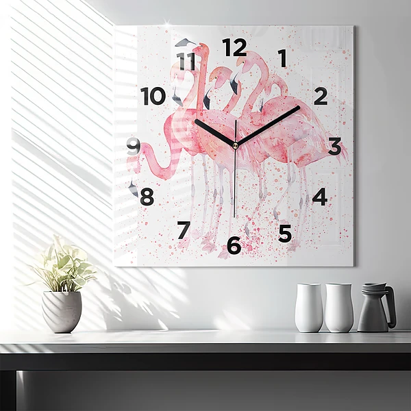 Wanduhr modern quadratisch Flamingo-Cluster
