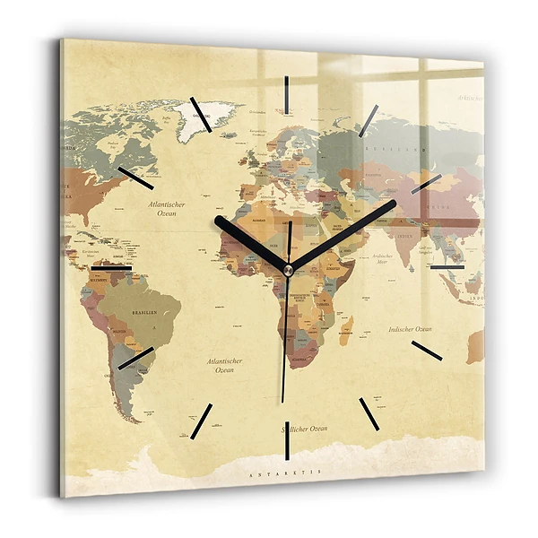 Wanduhr quadratisch mit motiv Weltkarte im Vintage-Stil