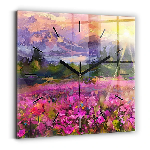 Wanduhr modern quadratisch Wiese im Sonnenuntergang