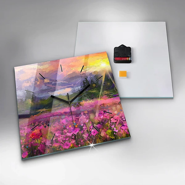 Wanduhr modern quadratisch Wiese im Sonnenuntergang
