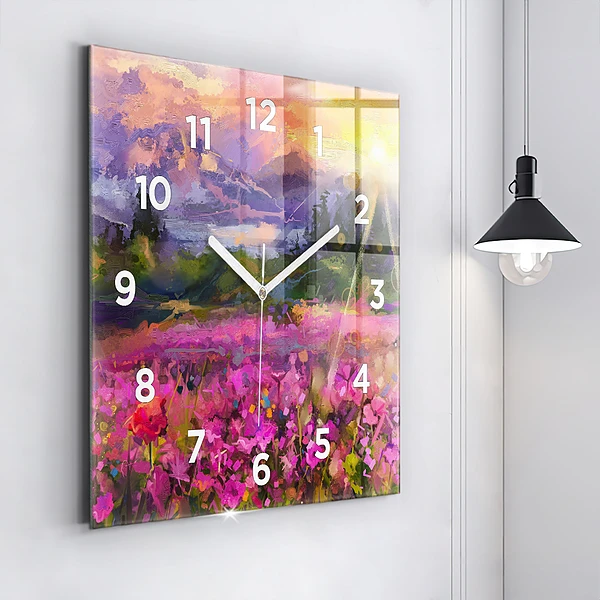 Wanduhr modern quadratisch Wiese im Sonnenuntergang
