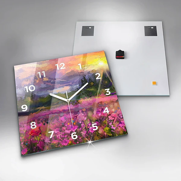 Wanduhr modern quadratisch Wiese im Sonnenuntergang