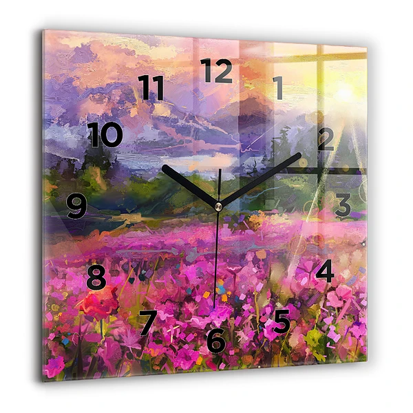 Wanduhr modern quadratisch Wiese im Sonnenuntergang